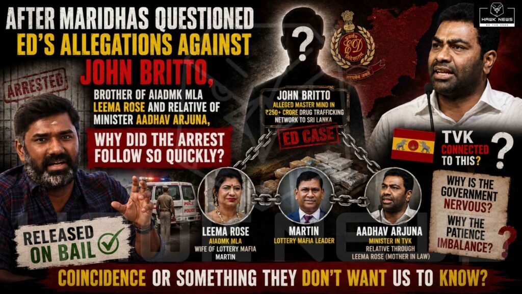Political news thumbnail featuring Maridhas, Minister Aadhav Arjuna, AIADMK MLA Leema Rose, lottery businessman Martin, and a silhouetted figure representing John Britto. The image highlights questions surrounding Maridhas' arrest after discussing ED allegations linked to a ₹250+ crore Sri Lanka-connected drug trafficking case. Bold text asks whether the arrest was connected to political relationships and whether the Tamil Nadu government became nervous over the controversy.