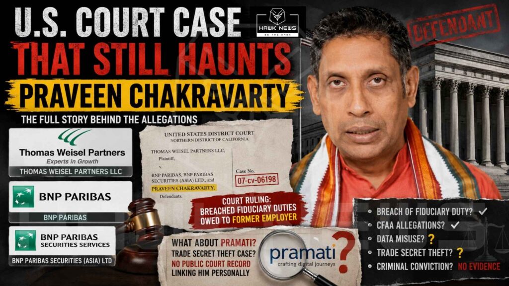 Investigative news-style thumbnail featuring Praveen Chakravarty at the center-right against a dark U.S. courthouse backdrop. Large headline text reads "U.S. Court Case That Still Haunts Praveen Chakravarty." The image includes a federal court filing naming Thomas Weisel Partners LLC as plaintiff and BNP Paribas, BNP Paribas Securities (Asia) Ltd., and Praveen Chakravarty as defendants. Company logos for Thomas Weisel Partners and BNP Paribas appear on the left. A red-highlighted court ruling states that fiduciary duties owed to a former employer were breached. A separate section raises questions about Pramati, displaying its logo alongside a magnifying glass and question marks. Additional text lists issues such as breach of fiduciary duty, CFAA allegations, data misuse, trade-secret theft allegations, and the absence of evidence for a criminal conviction.