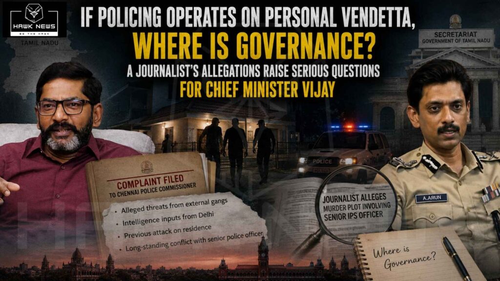 A dramatic news-style editorial graphic featuring journalist Savukku Shankar on the left and senior IPS officer Arun on the right, set against a dark backdrop of Tamil Nadu government buildings, police lights, and shadowy figures. The headline asks, "If Policing Operates on Personal Vendetta, Where Is Governance?" while visual elements such as a complaint file, magnifying glass, and investigative notes symbolize allegations, accountability, and questions surrounding governance and policing in Tamil Nadu.