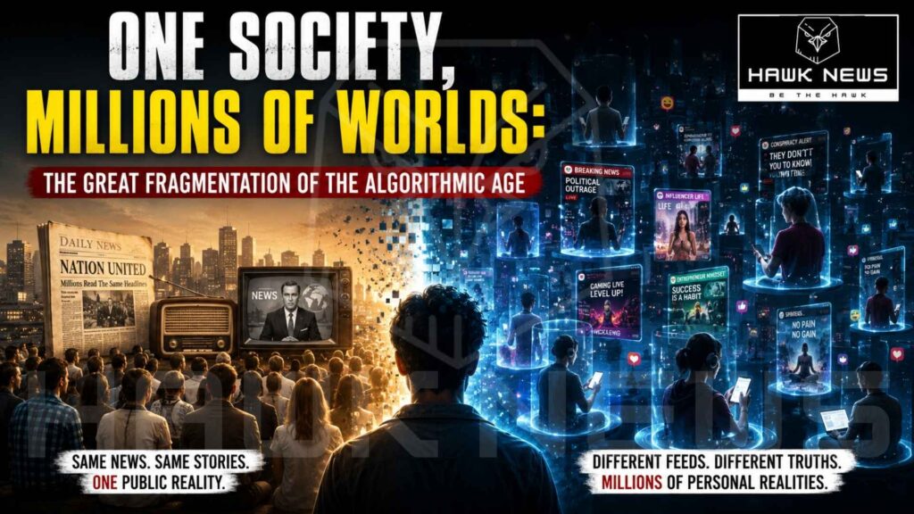 Illustration showing the contrast between traditional mass media and modern algorithm-driven media. On the left, a crowd consumes the same newspaper, radio, and television news, representing a shared public reality. On the right, individuals are surrounded by personalized digital feeds and social media content, symbolizing algorithmic fragmentation and personalized realities. The image is titled "One Society, Millions of Worlds: The Great Fragmentation of the Algorithmic Age."