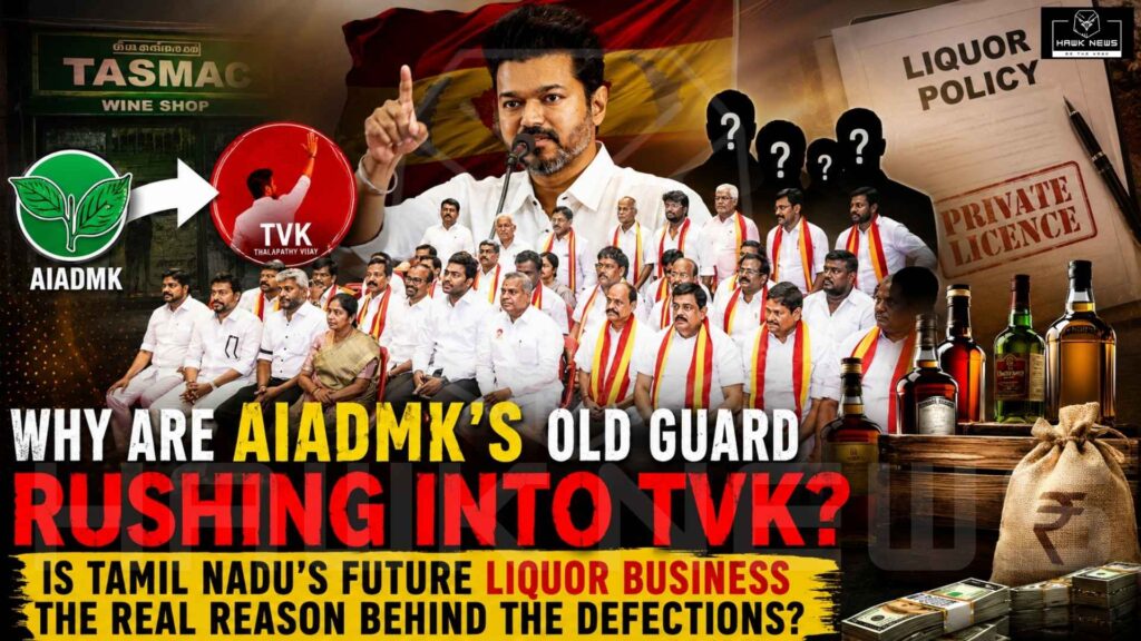 Investigative political thumbnail showing Tamil Nadu Chief Minister Vijay at the center, surrounded by a large group of former AIADMK leaders who have joined TVK. The image features a TASMAC wine shop sign, AIADMK and TVK symbols connected by an arrow, liquor bottles, a document marked "Liquor Policy" and "Private Licence," money bags, cash bundles, and shadowy unidentified figures. The headline questions whether the future liquor business is the real reason behind AIADMK leaders defecting to TVK.
